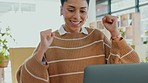 Wow, excited and black woman happy, winner and office with good news, surprised or in front of computer. Female, girl smile or entrepreneur winning prize, celebrate deal online or closed fist victory