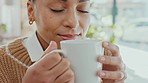 Coffee, aroma and black woman with cup in hands sitting in coffee shop to relax, rest and take break. Scent, delicious and woman smelling hot beverage in cafe satisfied, smiling and happy on weekend