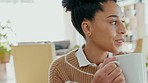 Black woman, drink tea and thinking in office during lunch break smile, rest and thoughtful happy memory. African girl enjoy warm coffee in mug to relax, reflect happiness and calm wellness lifestyle