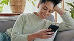 Happy woman, social media smartphone and living room sofa relax, typing or online communication, reading notification and web on handheld camera. Young girl, mobile app and internet tech on home wifi