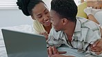  Laptop, love or happy black couple in bedroom, search for film or movie online website or internet in house. Black people, man and woman bonding on bed for networking, social media or streaming