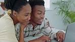 Black couple, bonding or laptop in house bedroom for planning property investment, mortgage bank loan or real estate investment. Smile, happy or talking man and woman on e commerce technology in home