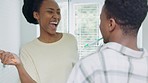 Dance, singing and couple brushing teeth in a bathroom of their house together. Excited, happy and singing man and woman cleaning mouth with dental toothbrush, dancing and being playful in home 