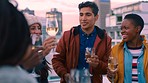 Toast, selfie and wine with friends at party in rooftop of New york city for celebration, happy and social media together. Support, community and cheers with group of people and phone at sunset event