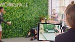 Woman, tablet and augmented reality for futuristic office, 3d sofa or couch. Ai, vr software app and female with coworkers planning lounge workspace or furniture with 5g digital future hologram tech
