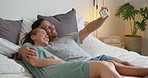 Happy couple, bedroom selfie and laughing at funny mobile pictures for social media, love and relaxing together at home. Smile man, young woman and taking phone photos of joy, comedy and lifestyle