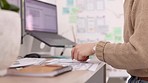 Hands, planning and design with a business woman at work on a desk in her office on an application. Creative, designer and strategy with a female employee or entrepreneur working on app development