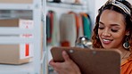 Ecommerce, small business and woman with inventory list on clipboard, smile and boxes for delivery. Fashion startup, sales orders and happy young black woman checking online shopping stock on shelf.