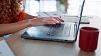 Corporate woman hands, laptop and typing email communication online. Young businesswoman, internet working 5g communication technology and program networking on work computer keyboard in office