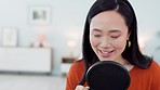 Woman, microphone and influencer content marketing on a podcast on a social media platform to an online audience. Content creation, Tokyo and Japanese girl content creator live streaming or talking 