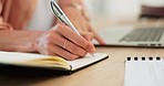 Hand, writing and notebook with a business woman doing research while planning a schedule in her diary. Books, strategy and analytics with a female copywriting or working on a desk in her office