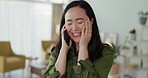 Happy, communication and phone call with woman and news in living room for networking, conversation and contact. Technology, 5g and mobile with asian girl talking at home for connection or discussion