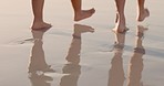 Couple feet, walking and beach sand steps in summer vacation, island holiday and tropical honeymoon sea travel in Hawaii. Closeup legs, foot or relax ocean water shore, freedom and calm love together