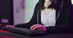 Keyboard, pc gamer and woman hands in gaming neon room, futuristic workspace or fast coding software developer.  Gen z, cyberpunk and online streamer on esports video game for information technology