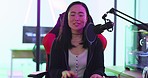 Podcast, headphones and microphone woman creative DJ, vlog presenter or speaker in radio station or music recording studio. Asian live streaming, online content influencer and internet personality