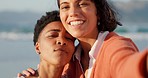 Selfie, beach and lesbian couple on holiday at the ocean in Miami together during summer. Face portrait of lgbtq women with photo on travel vacation by the sea for love, adventure and happiness