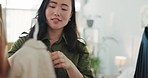 Fashion, clothes and woman in apartment with choice in morning thinking of outfit inspiration for work or career. Happy, excited asian or Japanese girl at home in closet or wardrobe with style idea