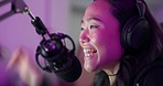 Radio, podcast or speaker with celebration, microphone and happy with online streaming with mic and headphones. Woman dj, asian influencer and broadcast presenter talking, communication and talking