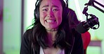 Gaming, live streaming and woman excited about winning, success and celebration on a game in a neon room. Face portrait of a young, Asian and happy gamer with smile to celebrate a win in online games