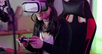 Virtual reality, gamer and woman live streaming her gaming, vr and online entertainment experience in a room. Smile, metaverse and happy girl having fun, playing and enjoys video games at home