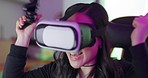 Virtual reality, winner and gamer woman for gaming success in future action video game, 3d esports or metaverse. Futuristic, vr tech or cyber girl winning online game on computer desktop in neon room