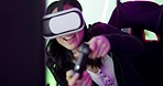 Gamer, gaming controller and virtual reality, woman and online streaming, video game with digital glasses for internet game experience. Young, playing and fun, vr and technology, 3d and metaverse.