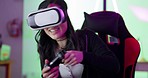 Virtual reality glasses, woman and gamer in future action, 3d gaming and metaverse experience while streaming online internet. Futuristic, matrix world and excited teenager girl on digital technology