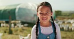 Children, farm and agriculture with a girl on a chicken field for sustainability or organic poultry farming. Kids, farmer and sustainable with a female child on green grass for livestock grazing