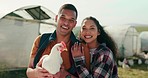 Happy chicken farmer people, couple smile in sustainable agriculture and small business farming in Houston. Organic poultry harvest, countryside lifestyle and green sustainability success in garden