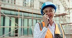 Engineering, construction site and woman in communication on a walkie talkie building a development project outside. Smile, contractor and happy senior manager talking or speaking on safety on radio