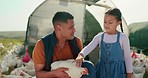 Agriculture, farm and girl with chicken and farmer holding hen to pet it. Sustainability, farming and father teaching child to care for farm animals. Family, organic and healthy bird in countryside