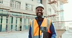 Construction, black man and clipboard, building and inspection, manage work at job site, construction worker and inspector smile in portrait. Engineer, builder and scaffolding for renovation.