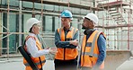 Construction workers, engineering meeting and leader conversation on building safety maintenance work. Leadership, woman manager and contractor team collaboration discuss manufacturing strategy plan