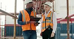 Construction, inspection and clipboard, black man and woman discussion, construction site with scaffolding and building renovation checklist. Contractor with inspector, engineering and communication.