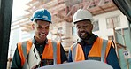 Construction, builder and talking for blueprint, planning and architecture of building, property or development. Construction worker, paper and teamwork for black man, manager and conversation at job