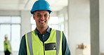 Leadership, smile or happy construction worker portrait for management or engineering success in construction site. Logistics, leader or engineering manager in safety helmet or vision for development