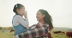 Happy family, cattle farm and mom smile and child fun bonding together outdoors. Love, happiness and young farmer motherhood support lifestyle while agriculture livestock farming in grass meadow