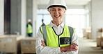 Senior woman, architect and smile with arms crossed in success for industrial architecture or construction site. Portrait of confident elderly female engineer or building contractor smiling at work