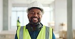 Portrait, smile and construction worker working, building and doing engineering on home. Face of an African, safety and happy architect with pride for architecture, renovation and maintenance on site