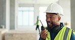 Construction site, walkie talkie and engineer black man for architecture planning, contractor staff management and office building. Architect or builder with property development communication update