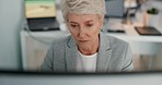 Mature woman, thinking or computer in office building for architecture planning, property ideas or real estate innovation. Designer, computer or working creative on technology in construction project
