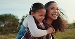 Love, happy mom and child piggyback smile with happiness on rural organic agriculture farm in the countryside at sunset. Black mother, young child and spend quality time together in nature in Kansas 