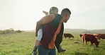 Father piggy back young girl on farm, countryside with happy family play in sunset and field landscape in Houston. Green travel adventure, cows on grass in nature and sustainable outdoor agriculture