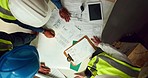 Plan, blueprint and architecture, construction and meeting, architect and construction worker with design, paper and team. Collaboration, engineer planning and clipboard in construction site overhead