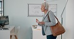Dance, music and high five by mature woman greeting colleague in office, happy, cheerful and excited. Energy, motivation and elderly worker friends excited to start their job in a healthy workspace