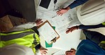 Architect, hands and team in planning above for construction, building or blueprint layout on office table. Group of people in architecture design, engineering or meeting discussion for project plan