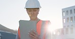 Construction, digital tablet and woman at construction site, checking online development and looking inspired by vision or idea. Architect, design and 3d app for model building by mature lady worker 