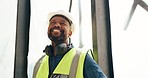 Construction worker, engineer or black man thinking, vision and idea for building schedule, design or strategy with smile. Industrial property developer smile, happy or pride mindset for career goal