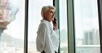 Phone call, communication and business woman in office building window for online negotiation, legal discussion or conversation about company trust. Senior executive, boss or client talking on phone