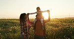 Grass field, spring and family with child for outdoor holiday game, wellness and child social development with sunshine sunset sky mock up. Happy young parents, mom and dad with girl in a countryside